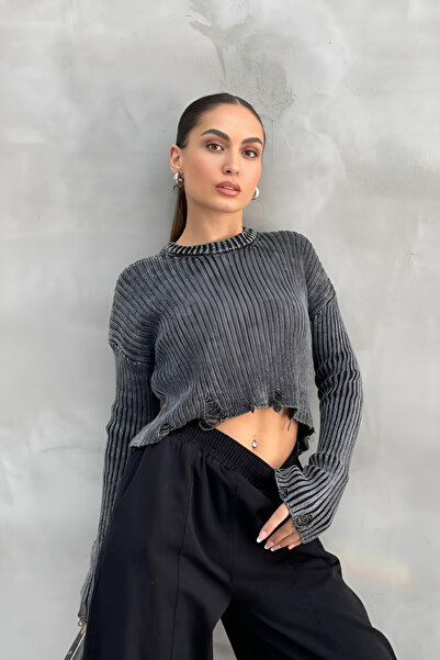 İLKCET MODA Yırtıklı Füme Triko Crop Kadın Kazak