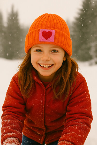 byebruketenci Turuncu yün lüks çocuk-genç beresi pembe kalp punch detaylı