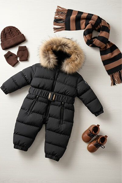 HÇ Hülya Çelik KİDSWEAR 2018 Bebek Astronot Tulum Kürk Kapüşonlu Siyah Tulum