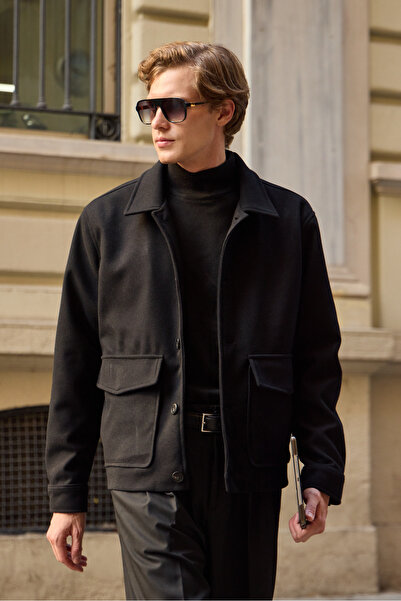 Danger Erkek Gömlek Yaka Düğmeli Kaşe Mont Ceket Siyah