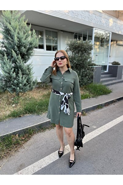 Flow Beli Şal Detaylı Haki Gömlek Elbise