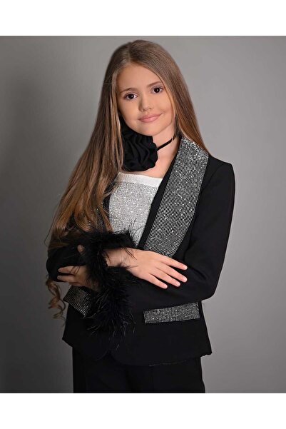 By Feyza Kids Collection By Feyza Girl's 4-Piece Set, Black, Stoned Feather Jacket, Pants, Blouse, Rose Neck, Combination