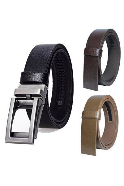 derikem Bison Leather Automatic Buckle Holeless Men's Belt - Automatic Belt