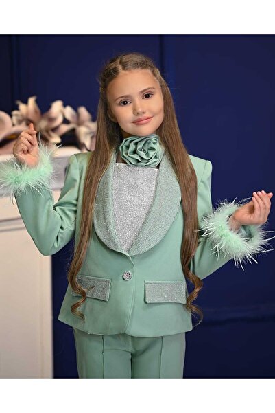 By Feyza Kids Collection By Feyza Kız Çocuk 4'lü Takım, Mint, Taşlı Tüylü Ceket,Pantolon,Bluz,Boyun Gülü ,Kombin