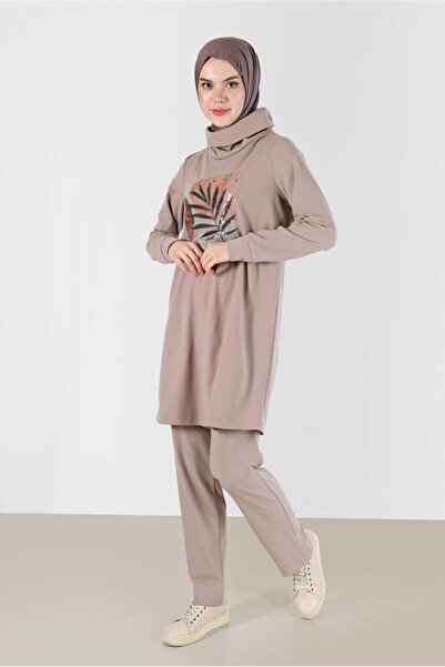 Alvina Sequined Detailed Patterned Asymmetrical Neck Two-Piece Pants Set 42369