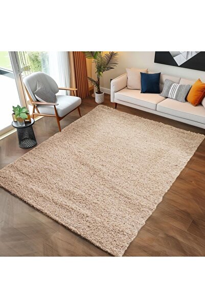 Carpettex Halı Yüksek Tüylü 30 mm Hav Yüksekliğinde Düz Bej Renkli Shaggy Halı