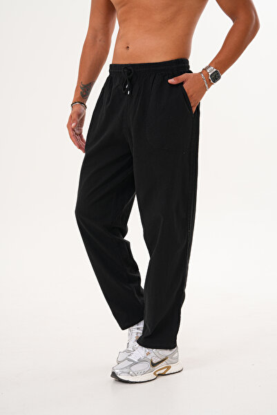 BigBrossBoutique Siyah Erkek Pamuk Keten Karışımlı Rahat Kalıp Pantolon