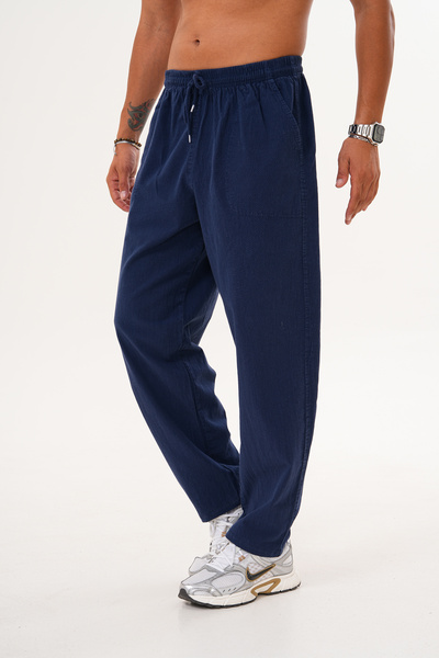 BigBrossBoutique Navy Blue Men's Summer Cotton Linen Blended Comfortable Fit Trousers