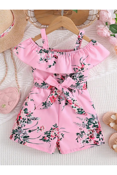 miço kids Pink Flywheel Detailed Girl's Summer Jumpsuit