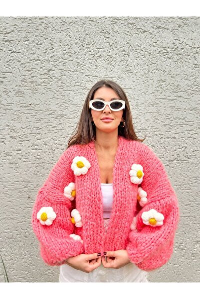 mihal boutique Kadın Pembe Çiçek Motifli Hırka 667788, Standart