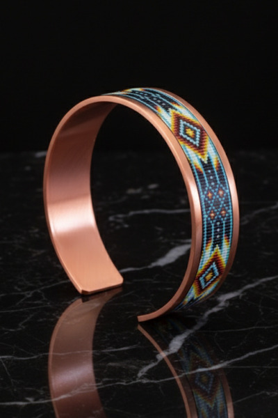 OSMANLI GÜMÜŞ Women's Copper Bracelet Ring Set - Polka Model Special Edition Metal Box and Quartz Stone