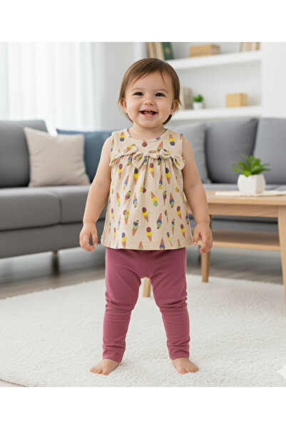 EYMİRGİYİM طقم بناتي مزدوج بفيونكة وآيس كريم منقوش لعمر 6 أشهر، 9 أشهر، 12 شه...