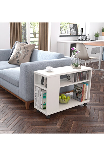 Eleva Home Modern Wooden Side Table with Shelves & Casters, Multifunctional End Table for Small Space, White