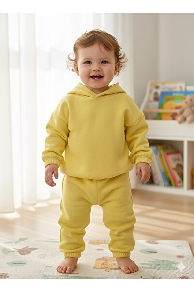 BAHNUR Sarı Bebek Çocuk 3 Üç Iplik Şardonlu Kapişonlu Eşofman Takımı