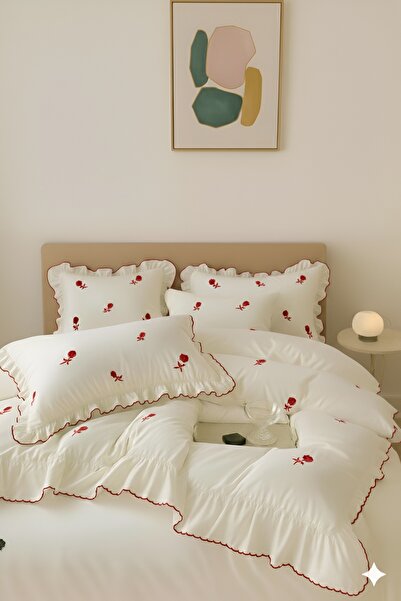 GÖRMEZ TEKSTİL Double Size Rose Red Ruffled Trim Stitched Duvet Cover Set Ecru Organic Cotton
