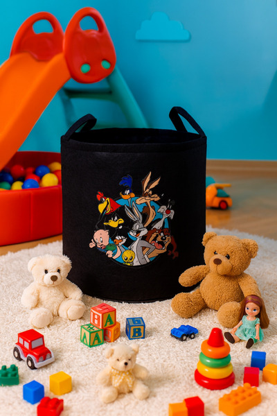 YUNUSOĞLU HOME Felt Toy Basket - Cartoon Patterned, Foldable with Handles, Kids Room Organizer 38X39