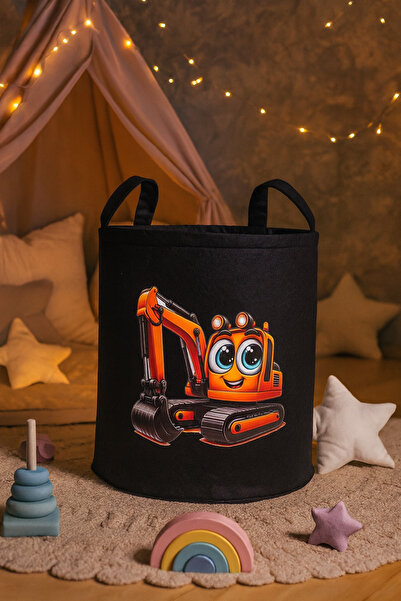 YUNUSOĞLU HOME Black Felt Toy Basket - Cartoon Cartoon Pattern, Foldable with Handles, Kids Room Organizer
