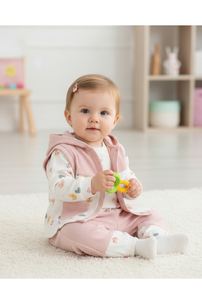 Ege Bebek Kız Bebek Fitilli Kalp Baskılı Yelekli 3 Parça Şirin 6-12 Ay Bebek ...