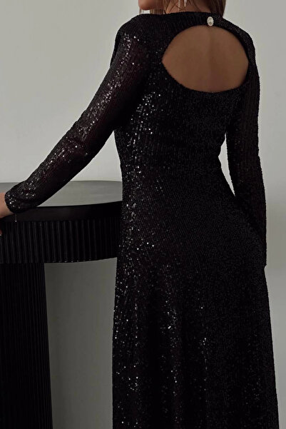 HELİS BUTİK Parla černé flitrové třpytivé šaty midi délky