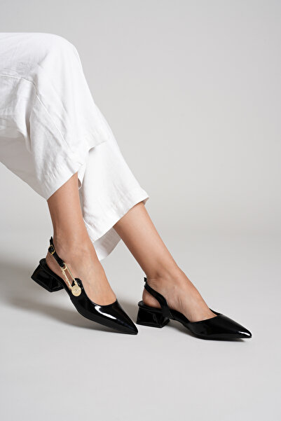 Savves Women's Black Side Buckle Detailed Open Back Pointed Toe Casual Heeled Shoes