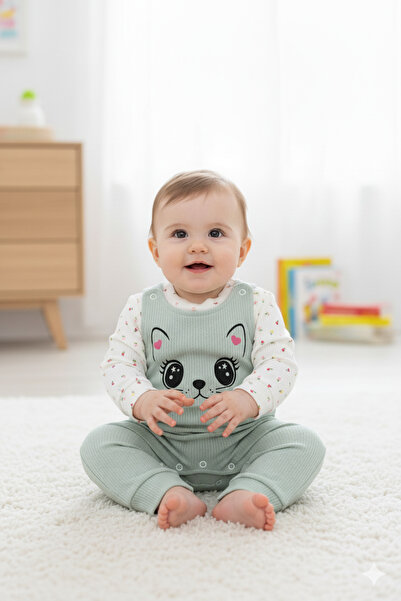 Ege Bebek Ribbed Cat Printed Baby Girl Jumpsuit - Gardener Salopet Newborn