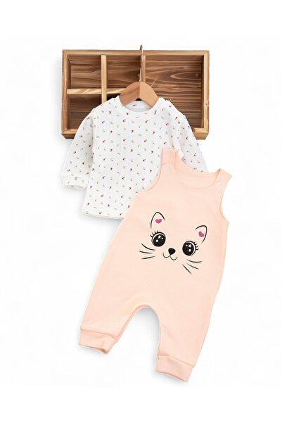 Ege Bebek Ribbed Cat Printed Baby Girl Jumpsuit - Gardener Salopet, 3-6-9 Months Seasonal, Long Sleeve