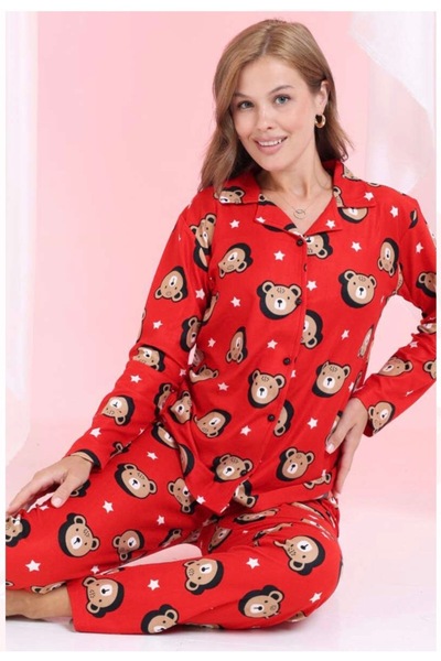 Hepyek Long Sleeve Front Button Suede Pajama Set