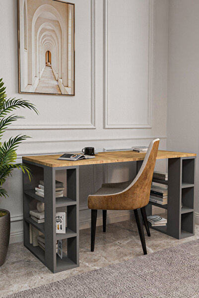 BlackSea Dekoratif Çalışma Masası,6 Bölmeli Bilgisayar Masası,130cm Pc Masası,Gri,Çam
