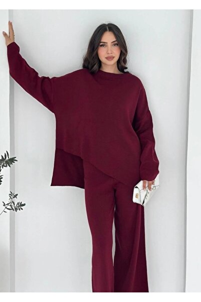 MAXXANA طقم تريكو مكون من سترة وبنطلون كبير الحجم بقصة غير متماثلة