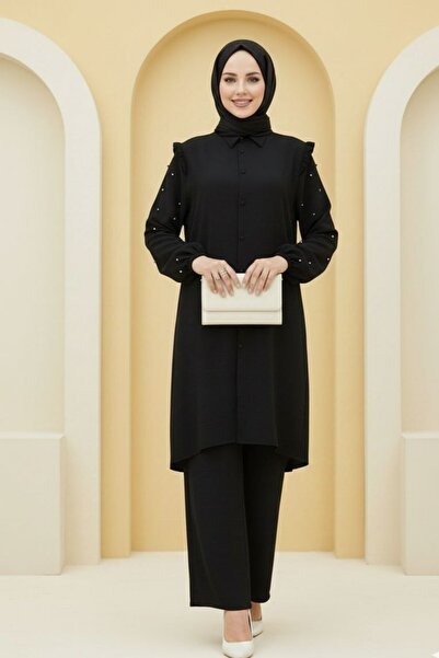 Mercan JALA TAKIM Siyah İnci Detaylı Tesettür Tunik Pantolon Takım Aerobin Kumaş Şık ve Rahat