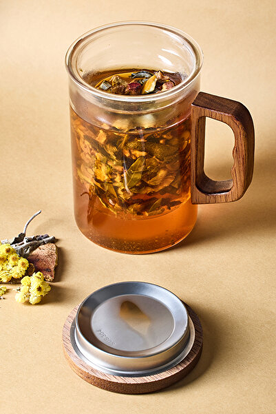 Perotti Herby Borosilikat 500 ml Acacia Detail Plant Tea Cup Teapot with Glass Strainer