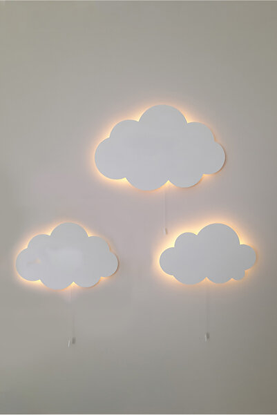 Piccolandia Bebek ve Çocuk Odası Ahşap Bulutlar Gece Lambası 3’lü Set Beyaz