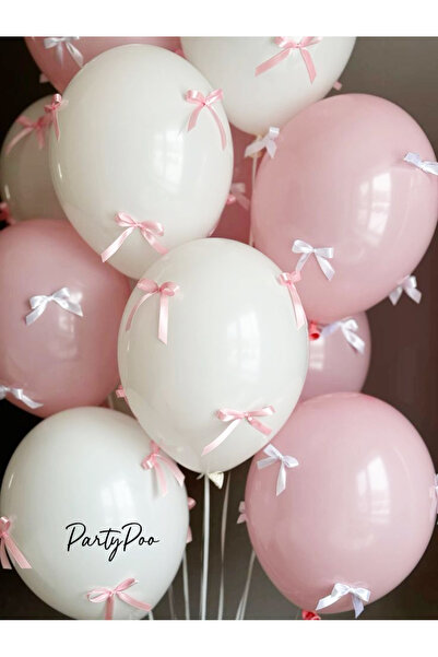 PartyPoo Pembe beyaz Balon Seti 10'lu Pembe Fiyonk Kurdeleli Doğum Günü Seti ...