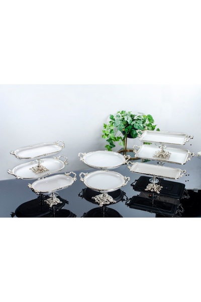 AlyaHomeAksesuar 8 Parça Döküm Ayaklı Gümüş Detaylı Porselen Seti