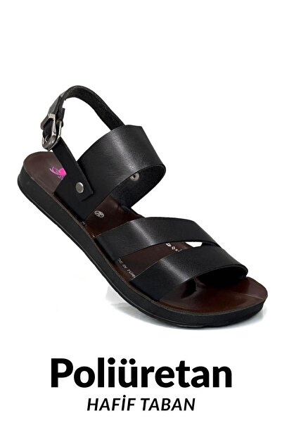 sermoda Geçme Tokalı Suni Deri Hafif Taban Kadın Yazlık Sandalet Siyah