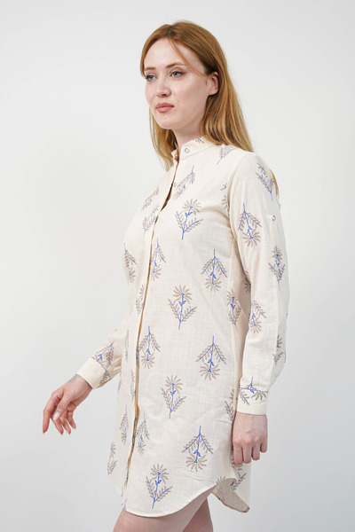 SİDE OTANTİK Çiçek Motifli Hakim Yaka Uzun Kollu Keten Ekru Gömlek Tunik