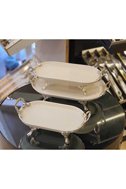 AlyaHomeAksesuar Oval 3 Parça Porselen Sunum Seti Gümüş