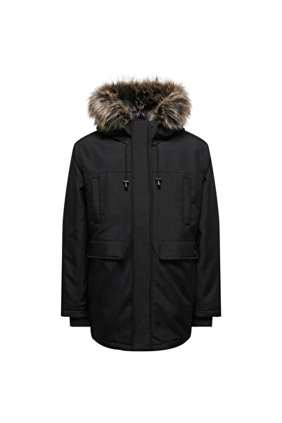 Only & Sons Only Siyah Erkek Kapüşon Yaka Mont 22027557_ONSFUTURE FAUX FUR