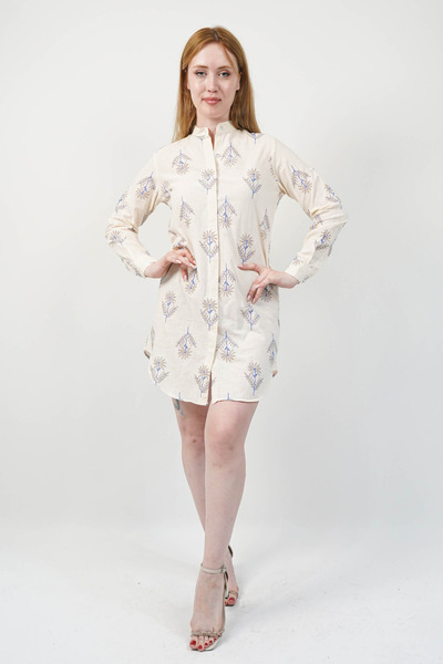 SİDE OTANTİK Çiçek Motifli Hakim Yaka Uzun Kollu Keten Ekru Gömlek Tunik