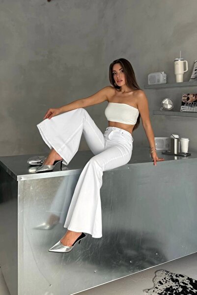 Harmony Blugi spanioli cu picioare extra largi, culoare albă, talie înaltă material elastic