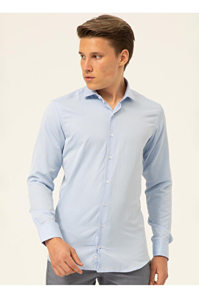 SÜVARİ Süvari Slim Fit Klasik Yaka Armürlü Mavi Erkek Gömlek GM2024700424