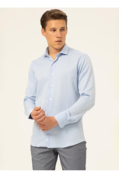 SÜVARİ Süvari Slim Fit Klasik Yaka Armürlü Mavi Erkek Gömlek GM2024700424