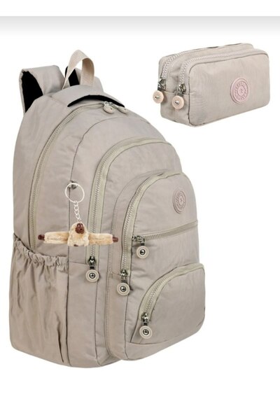 çantamgelsin مجموعة من 2 حقيبة ظهر فاخرة من القماش المجعد بلون كريمي للمدرسة الثانوية والإعدادية + حامل أقلام، مع هدية سلسلة مفاتيح على شكل قرد