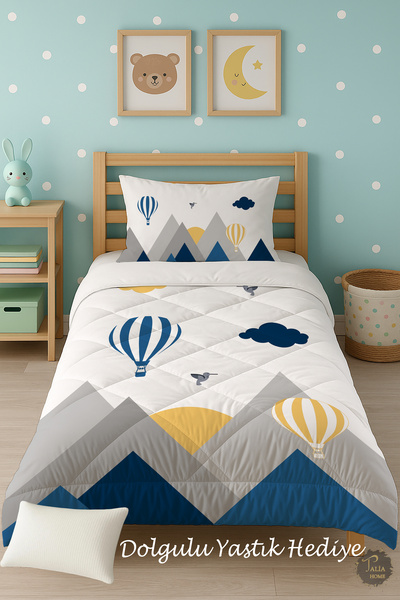 Talia Home Mavi Kuş Vadisi Dağ Desenli Tek Kişilik Çocuk Yorganı Uyku Seti