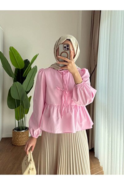 Refika Butik Kadın Etek Üstü Önü Bağcıklı Balon Kol Kısa Tesettür Gömlek Pembe