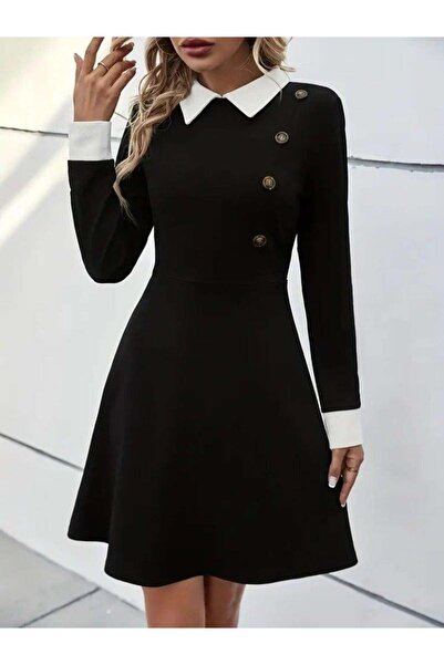 babatr.com Női hosszú ujjú, gombos, rövid modális miniruha gallérral