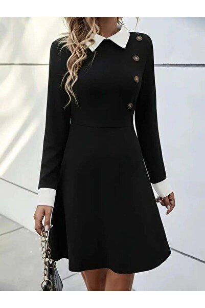 babatr.com Női hosszú ujjú, gombos, rövid modális miniruha gallérral