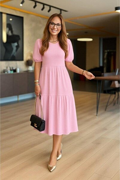 Genel Markalar Kadın Kısa Kollu Yakası Açık Katlı Bürümcük Balon Elbise