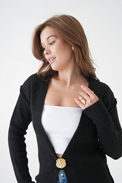 bayansepeti Black Shardon Yarn Gold Button and Reverse Stitch Design Shardon Black Cardigan 3481