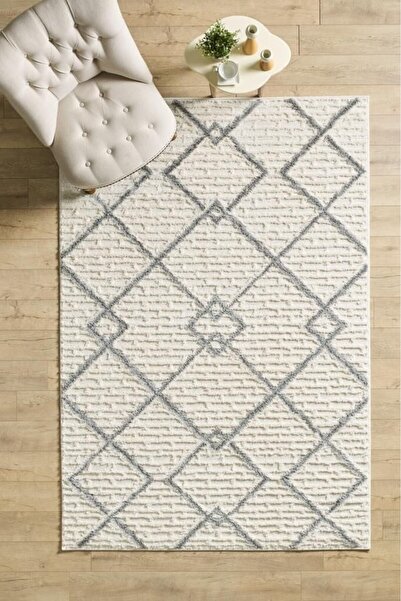 Carpettex Halı Yumuşak Bukle Tabanlı Modern kabartmalı 3D Izgara Desenli Krem Gri Renkli Halı